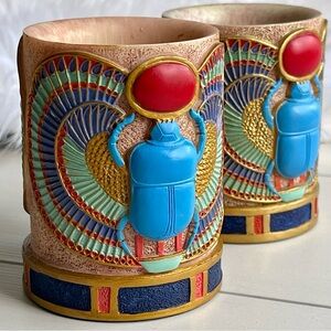Egyptian Winged SCARAB Votive Candle Holder From King Tut Exhibit 2pc Set